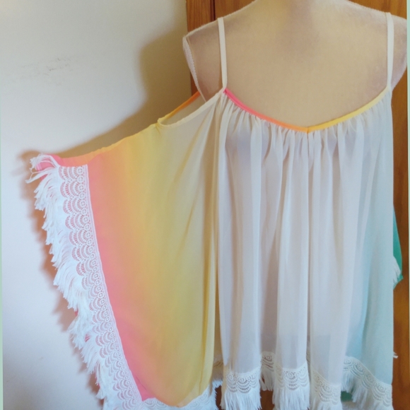 EUC My Story Paris Chiffon Floaty Poncho Caftan Rainbow Ombre Gradient Fringe OS - Picture 2 of 3